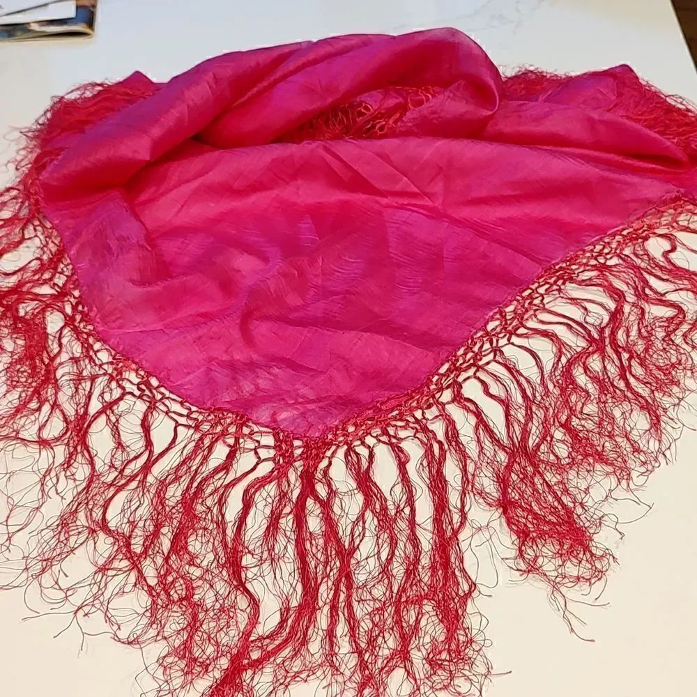 Raw Silk Square Fringed Deep Pink Scarf - Picture 6 of 6